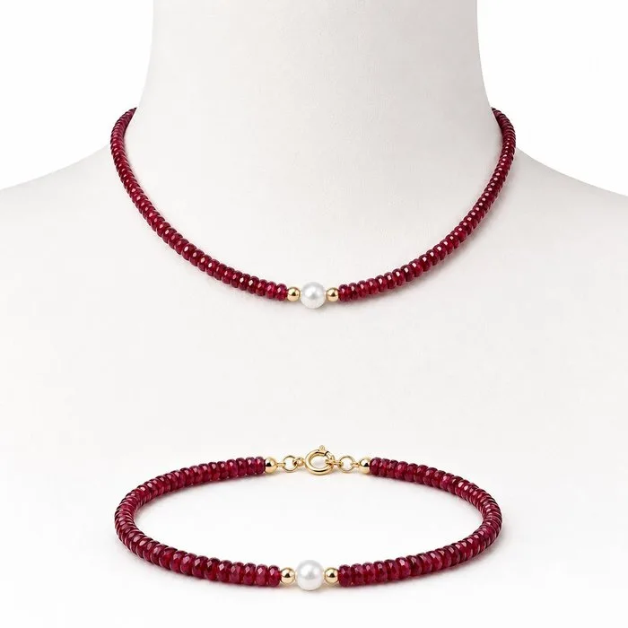 Necklace - 18 kt. Yellow gold Ruby - Pearl