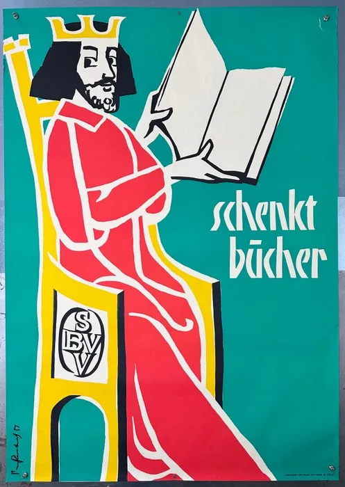 Pierre Gauchat - "Schenkt Bücher [Original Schweizer Werbeplakat, Linoldruck] - 1950s