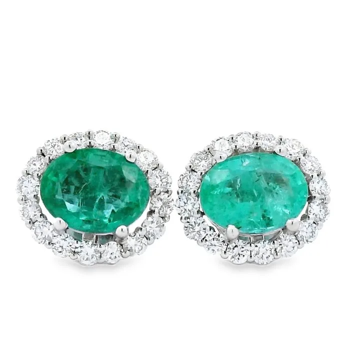 Earrings - 18 kt. White gold - 4.44ct. tw. Emerald - Diamond - Oval cut Emerald Studs