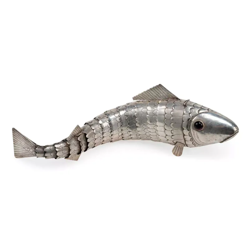 A Continental Articulated Fish Possibly Judaic Spice Box 19th Century, possibly Danish, with a hinged head cover and a hinged mouth
