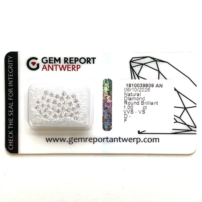34 pcs Diamond (Natural) - 1.00 ct - Round - D (colourless), E, F - VVS1, VVS2, VS1, VS2 - Gem Report Antwerp (GRA)