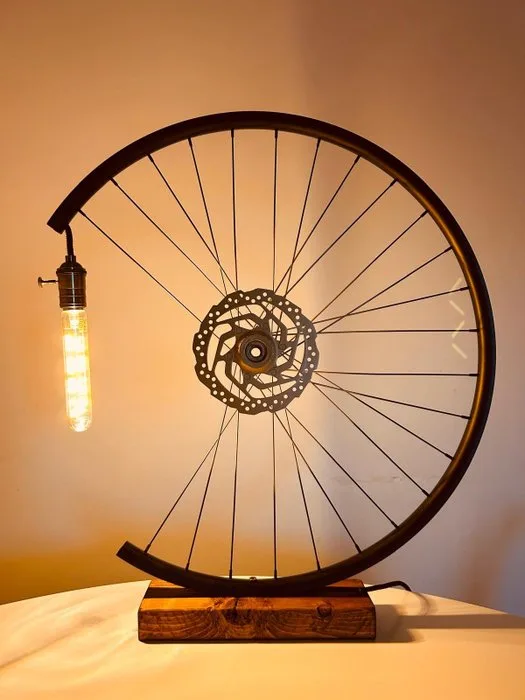 Table lamp - Iron, Wood, Aluminium - Upcycled Bicycle wheel lamp