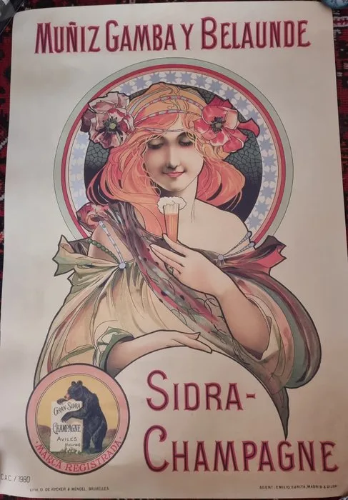 Anonymous - Cartel Mucha, sidra champagne,Muñiz,Avilés, Asturias excepcional cartel - 1980s