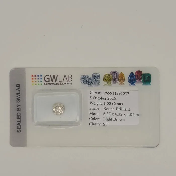 1 pcs Diamond (Natural coloured) - 1.00 ct - Round - Light Brown - SI3 - Gemewizard Gemological Laboratory (GWLab)