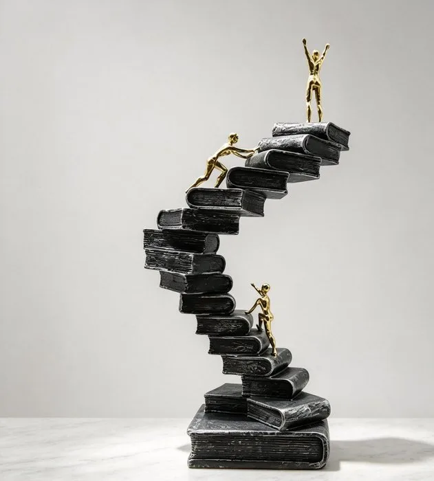 Sculpture, Books Staircase with Figures - 30 cm - Resin