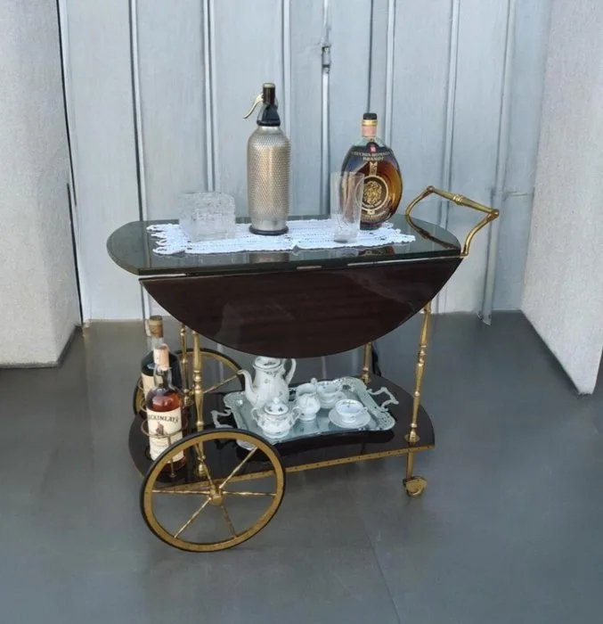 Serving trolley - wood and brass - Bar cart / serving trolley
