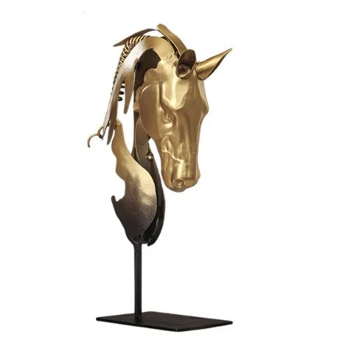 Sculpture, Horse Head – Striking Golden Metal Equestrian Artwork, Contemporary Decorative Statue - 20 cm - Metal