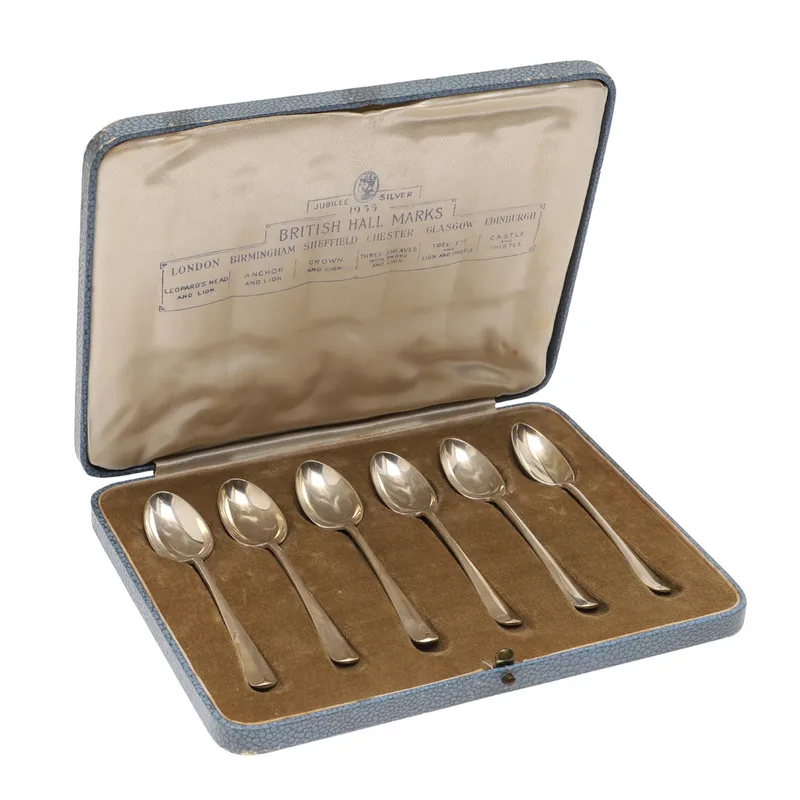 A Cased Set of Six "Jubilee Silver 1935 British Hallmarks" Silver Teaspoons