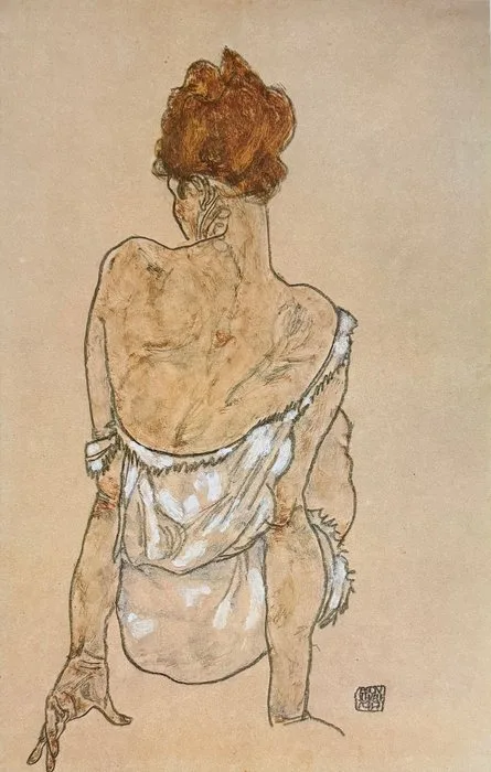 Egon Schiele - “Seated Woman, Seen from the Back, 1917”. Gesigneerd en gedateerd in de plaat