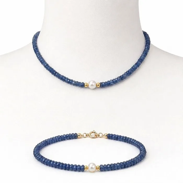 Necklace - 18 kt. Yellow gold Sapphire - Pearl