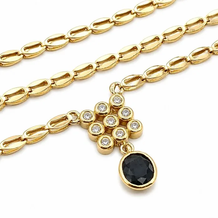Necklace with pendant - 18 kt. White gold, Yellow gold - 1.33ct. tw. Sapphire - Diamond - Made in Italy - Handmade
