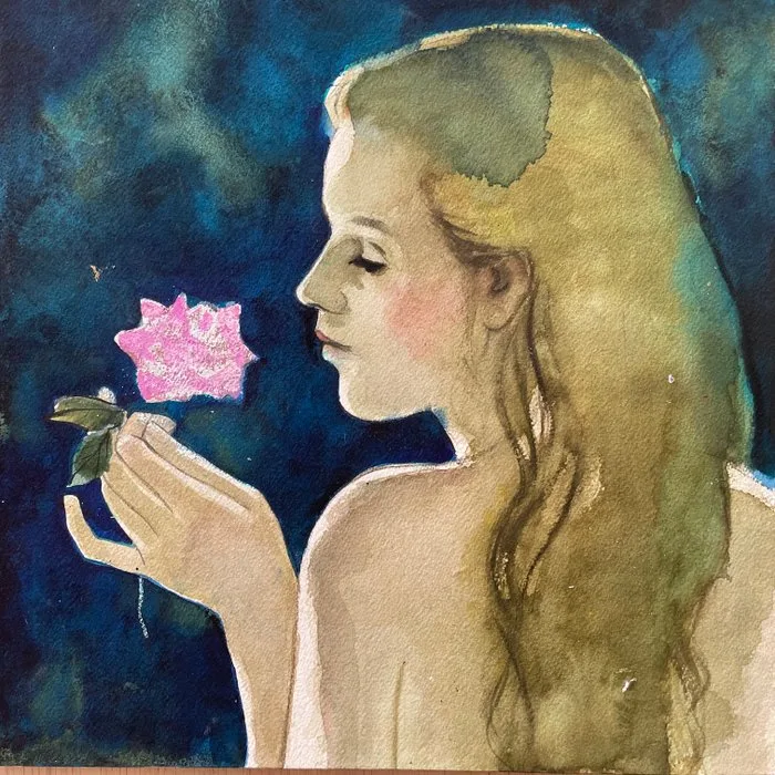 Yves Ganne (1931-2019) - Portrait Jeune femme à la rose