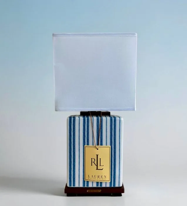 Ralf Lauren (Home) - Table lamp - Lauren Ralph Lauren – Contemporary "Clausen" Blue & White Ticking Stripe Ceramic Table Lamp - Ceramic, Wood