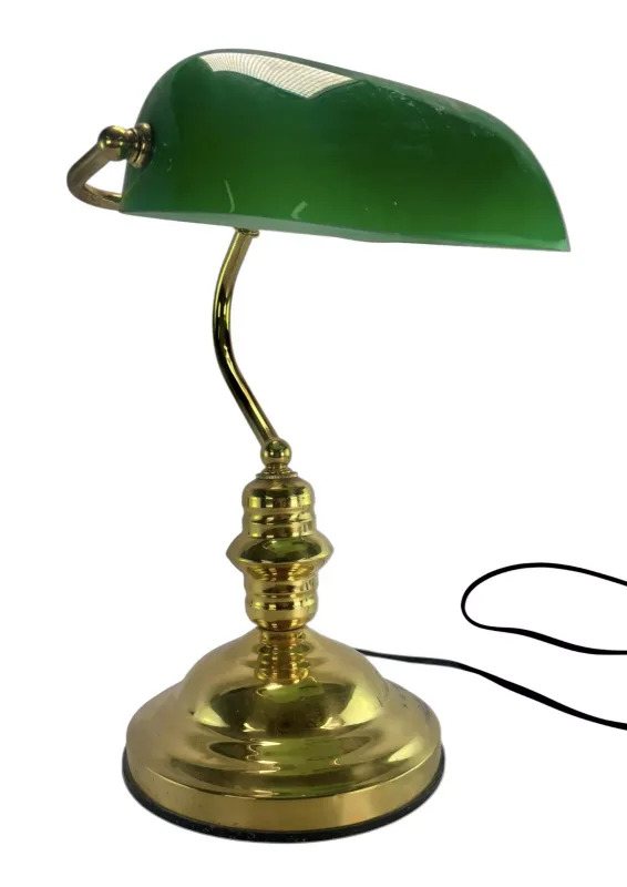 1920s Style Gold Metal & Green Glass Banker's Lamp