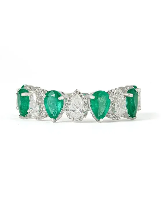 Statement ring - 14 kt. White gold - 3.42ct. tw. Emerald - Diamond - Natural Green Pear Stones