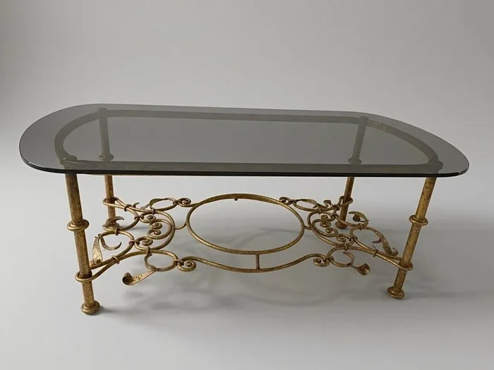 Coffee table - Hand-wrought, openwork iron base finished in an antique style gold gilt patina - Metal, Glass