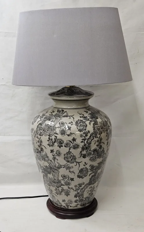 Large Lamp Base & Shade, ginger jar style on wooden stand base approx.