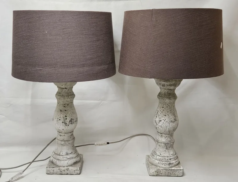 Pair Heavy Stone Lamp Bases by Neptune with plum coloured shades, base approx.