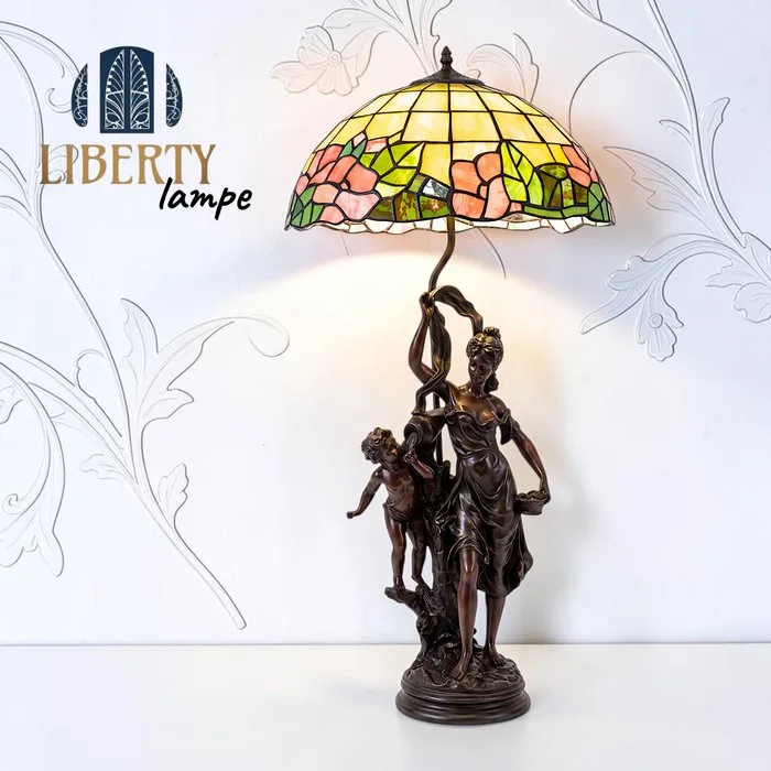 Monumentale Lampada Scultorea Stile Tiffany h 100 cm – Base Figurativa in Resina Bronzata d'Arte e - Table lamp - Resin