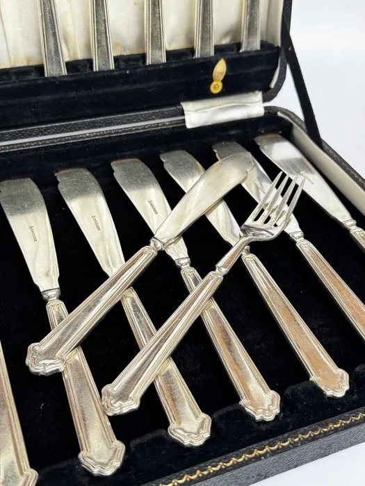 ELKINGTON & CO - Rare Antique Silver-Plated Fish Cutlery Set in Original Presentation Case (16) - Cutlery set (16) - Silverplated