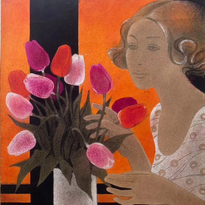 Yves Ganne (1931-2019) - Portrait de Femme aux tulipes (vendu