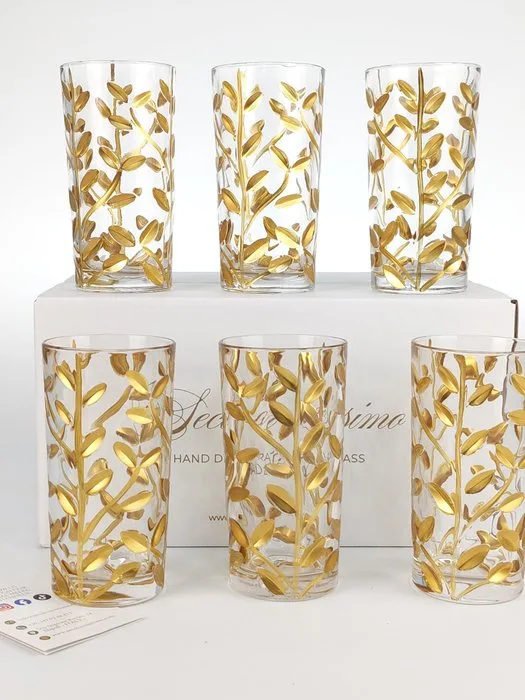 Secoloventesimo - Drinking service (6) - Leaves golden glass - Enamel, Crystal - Golden leaves