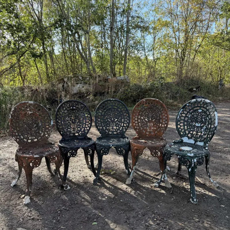A set of five painted cast aluminium garden chairs The chairs with pierced backs and seats and shaped legs