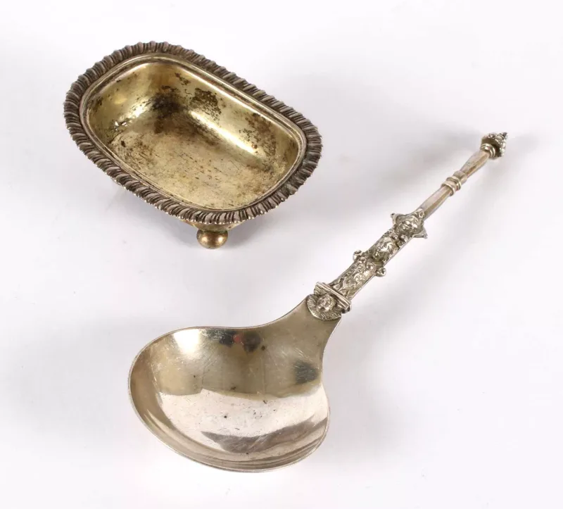 A Provinical George III Silver Open Salt and a Large Victorian Silver Serving Spoon Newcastle and London A Provinical George III Silver Open Salt by George Samu