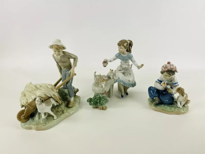 Three items to include a Lladro porcelain figurine 'Meal Time', model No.6109 (21.5cms wide x 12.5cms deep x 20.5cms high)