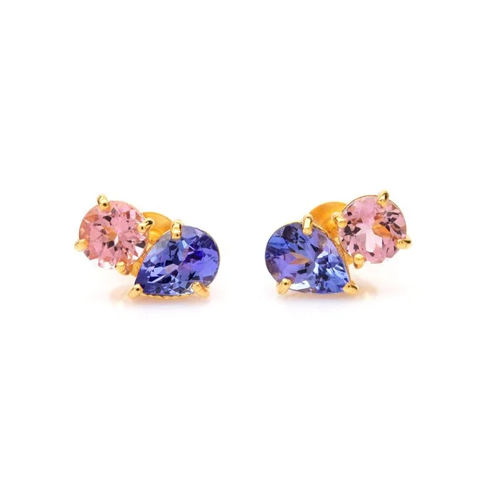 Stud earrings - 14 kt. Yellow gold - 2.42ct. tw. Tanzanite - Tourmaline - Toi et Moi Dainty Studs