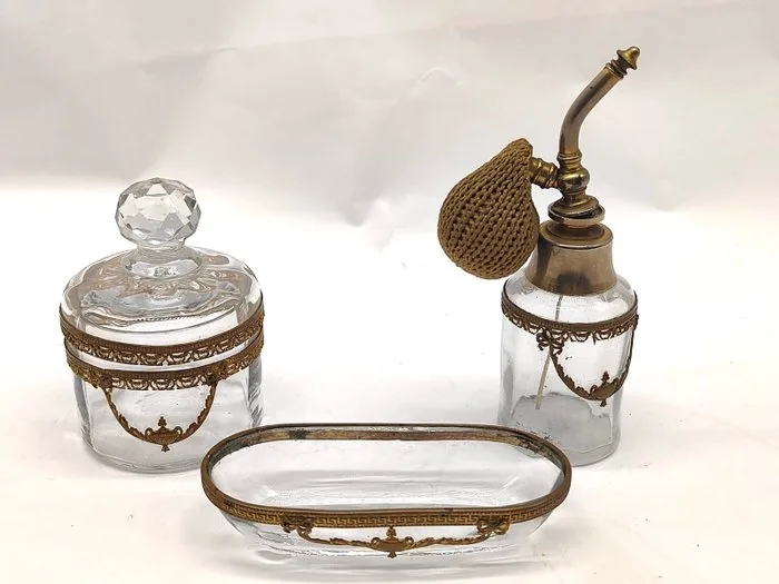 Antique Toilet set (3) - Set of two small bottles and one small dish for cosmetics, in worked glass with bronze frames, from