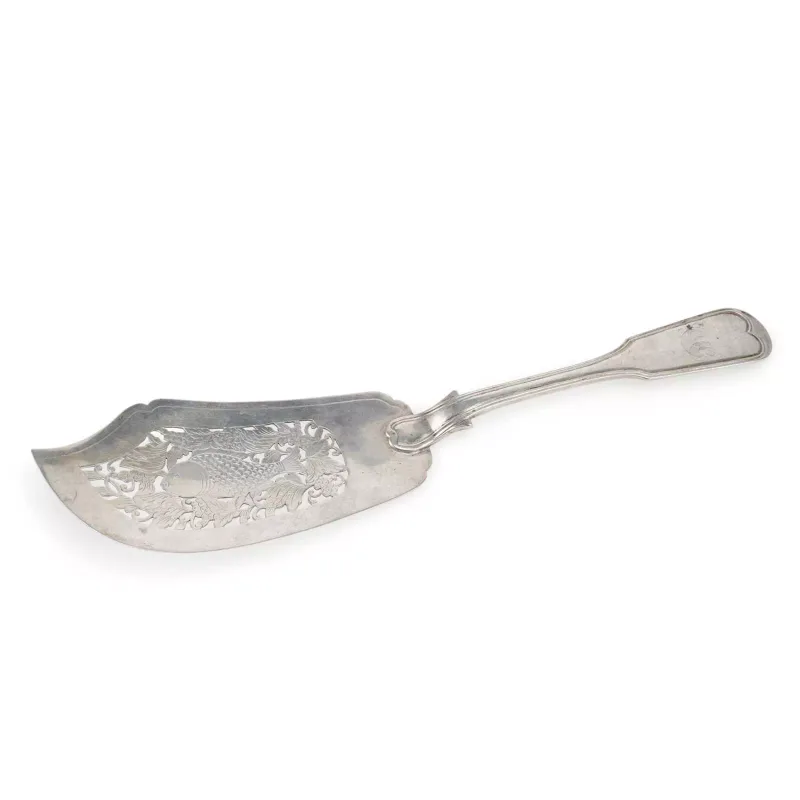 A Chinese Silver Fish Slice by Kecheong of Canton, c.1840-1870, fiddle pattern, the pierced blade engraved with a fish amongst scrolling foliage