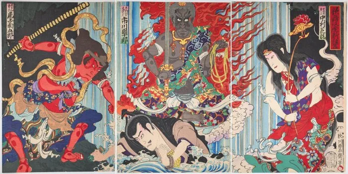 HOSAI • Priest Mongaku Doing Penance • Tryptic • Japanese Woodblock Print •Ukiyoe - Japan - Meiji period (1868-1912)