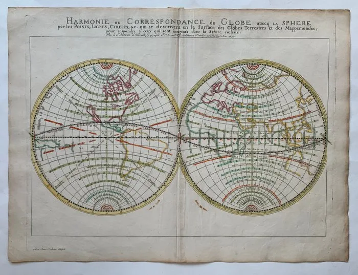 World - Eastern and Western Hemispheres; N. Sanson / P. Mariette - Harmonie ou Correspondance du Globe auecq la Sphere... - 1651-1660
