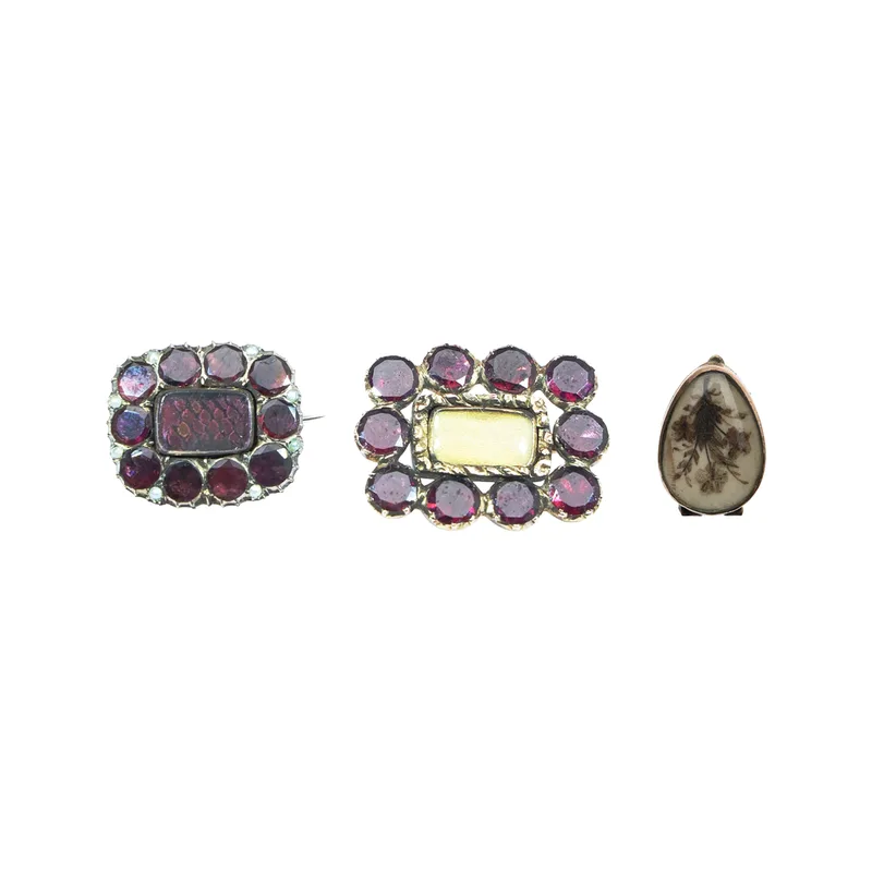 Two 19th Century Yellow Metal Amethyst Memorial Brooches, 7.18 Grams, a Locket (3)