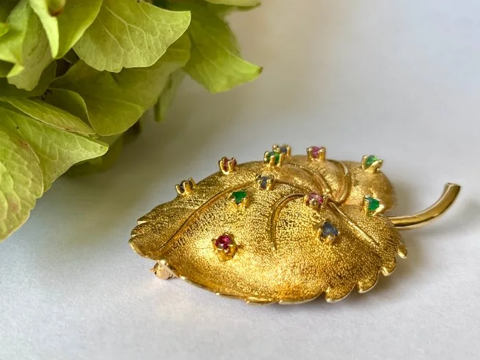 Brooch - 14 kt. Yellow gold - 1.10ct. tw. Ruby - Mixed gemstones - Handcrafted sheet