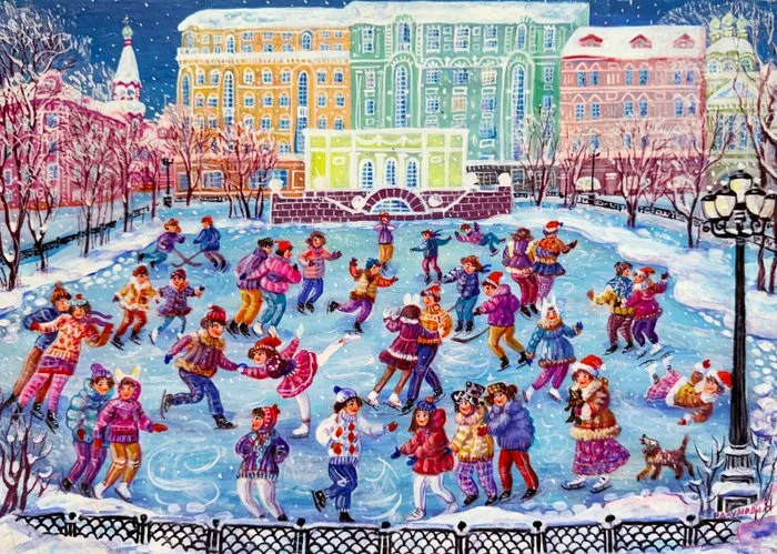 Nadejda Razoumova (b. 1950) - The Joy of Winter – Skating at Patriarch’s Ponds Moscow