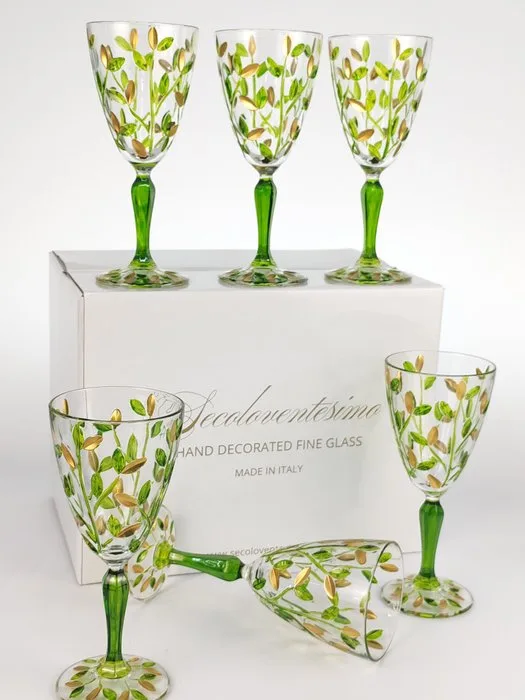 Secoloventesimo - Chalice (6) - Leaves green golden chalice - Enamel, Crystal - NO-lead Crystal