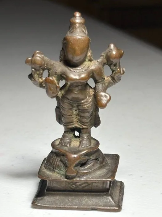 Sculpture, South Indian Bronze Figure of Shiva Standing on Nandi - 7 cm - Bronze