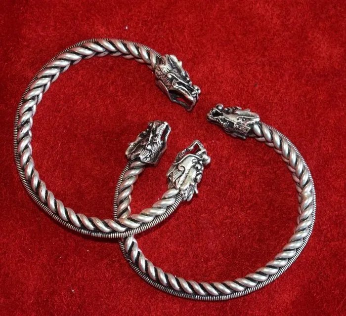Pair of two dragon cuff bracelets, Miao–Hmong, 92 g, ethnic silver. - Laos - Hmong Miao
