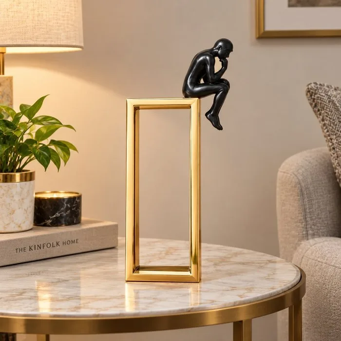 Statue, Modern Metal Thinker Sculpture – Abstract Figure on Geometric Frame - 25 cm - Metal