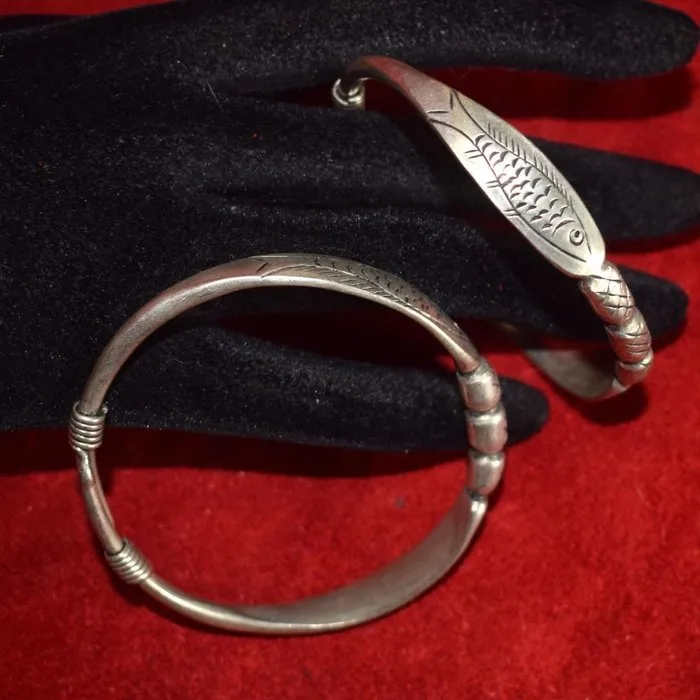 Pair of two fish-motif bracelets, good luck charm, Miao-Hmong, 58 g, ethnic silver - Laos - Hmong Miao