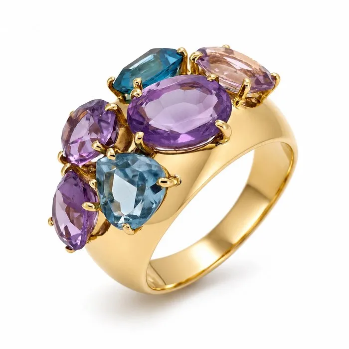 Ring - 18 kt. Yellow gold, Amethyst - Aquamarine - Topaz - 8.20ct. tw. Amethyst - Aquamarine - Made in Italy - Handmade