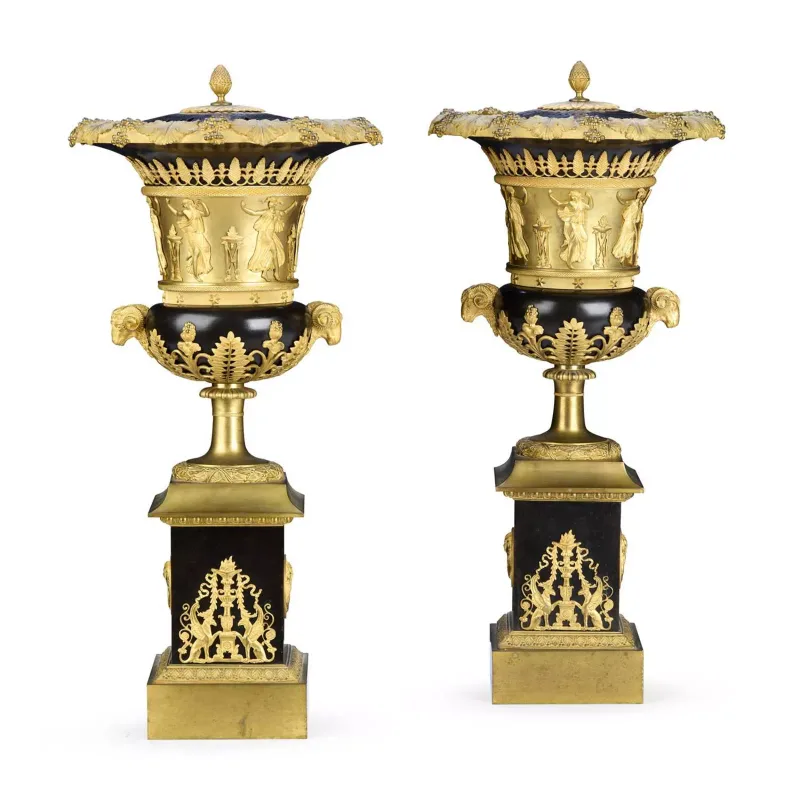 A Pair Of Large French Gilt And Patinated Bronze Brule Parfums In The Manner Of Pierre-Philippe Thomire late 19th Century, in the Empire taste
