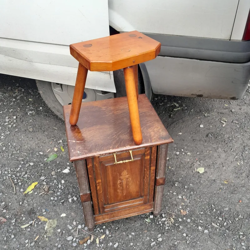Edwardian inlaid mahogany perdonium (coal box ) and vintage stool