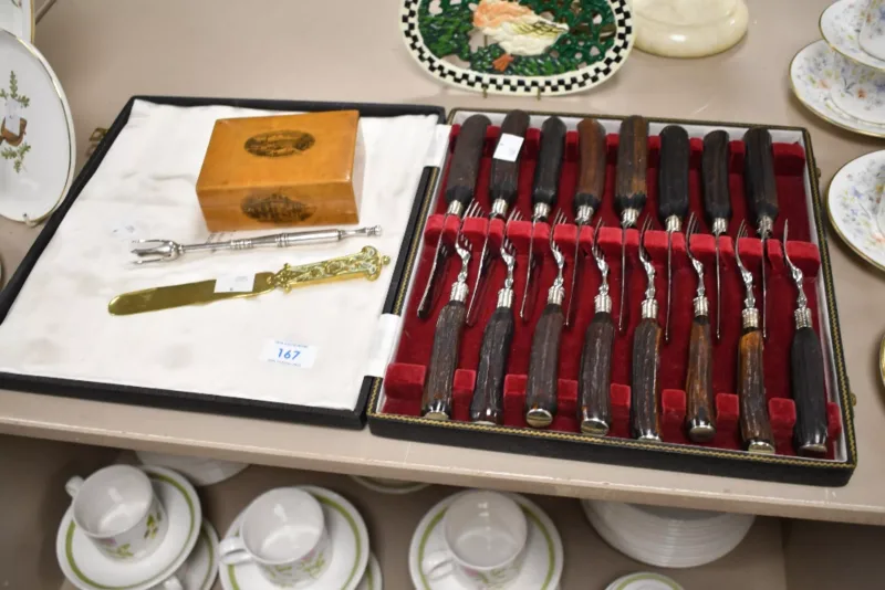 A fine 20th-century George Wostenholm and Son of Sheffield IXL antler-handled steak set, having stainless steel blades, in presentation box, all marked