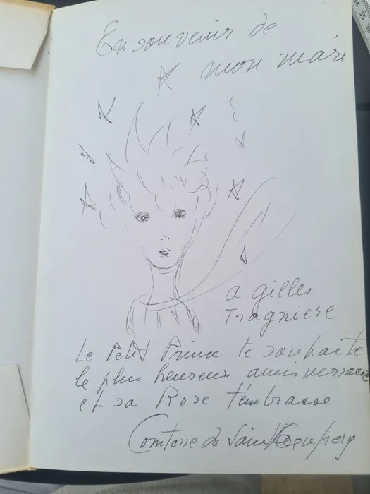 Antoine de Saint-Exupéry [dessin originale signé par la Comtesse Consuelo de Saint-Exupery] - Le Petit Prince [exemplaire unique signé par l'épouse de l'auteur] - 1972