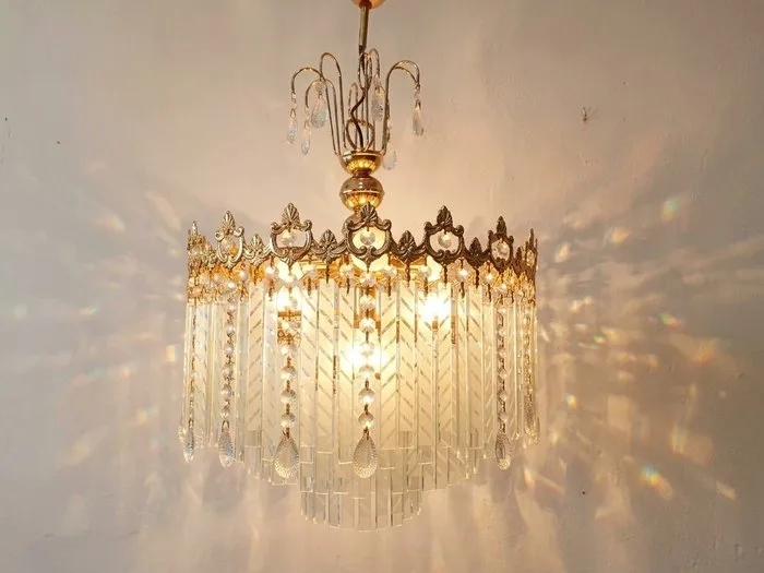 Lamp - Vintage brass ceiling lamp with an acid-etched glass plate, featuring tears — Neoclassical Style / - Glass