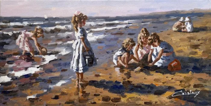 Francis Cristaux (1950) - Fillettes au bord de Mer ～ Jeux de Plage ～ Deauville - Normandie
