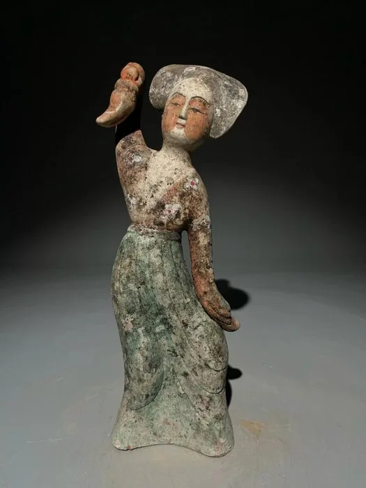 Ancient Chinese, Tang Dynasty Ceramic Painted Pottery Figurine of a Female Dancer - 28 cm
